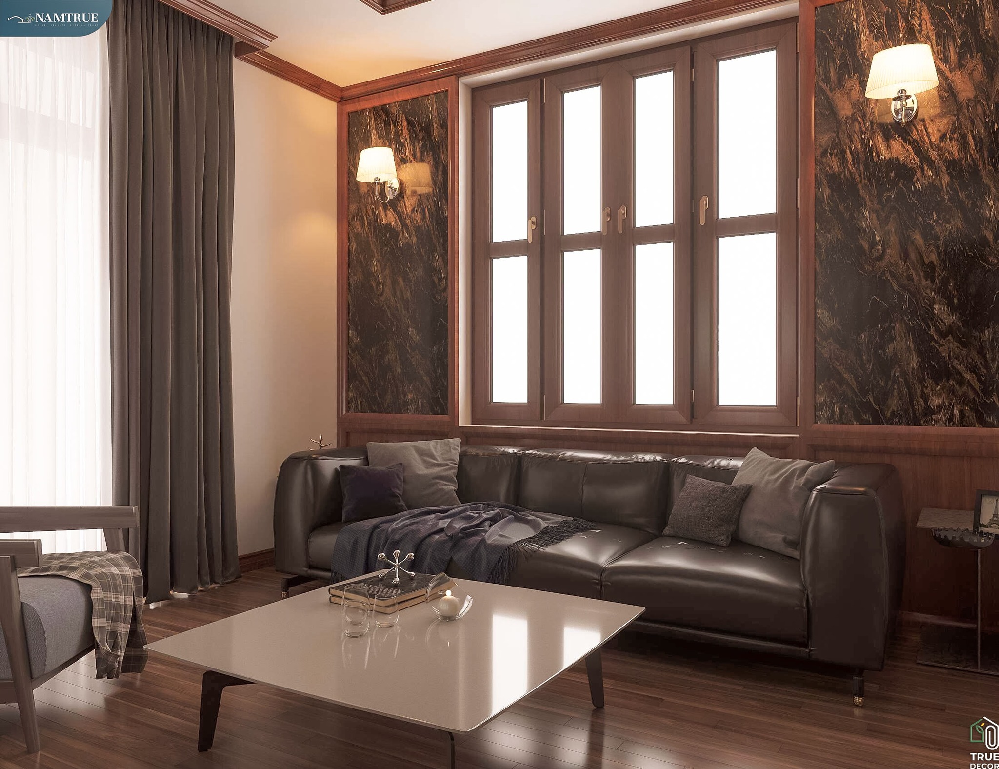 Trang trí tường, sofa và bàn trà