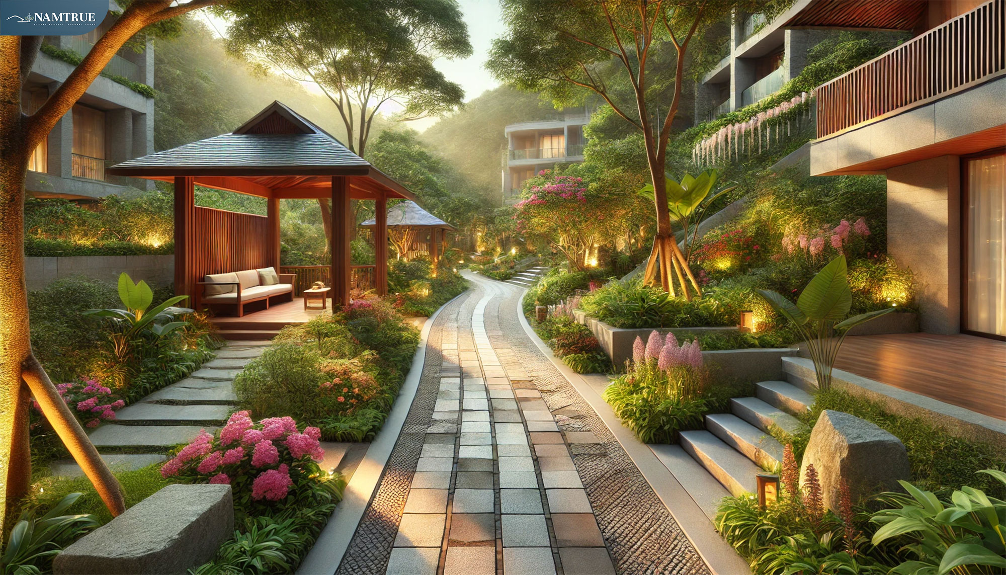 Lối đi dạo quanh khu đất với cảnh quan cây xanh, hoa lá và các điểm nghỉ ngơi